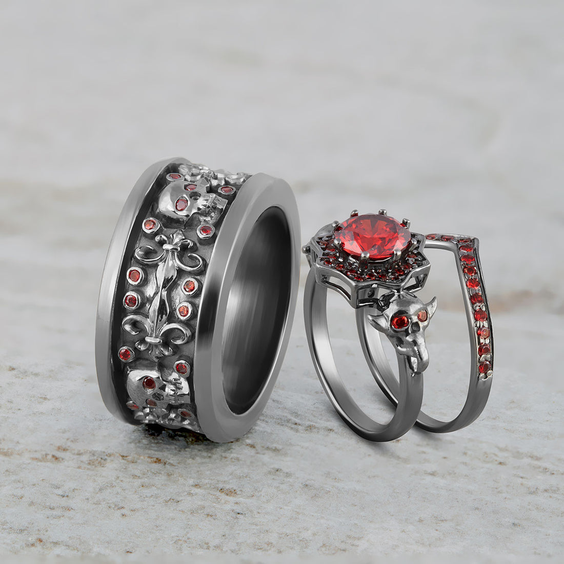 Red Garnet Skull Ring Set His and Her