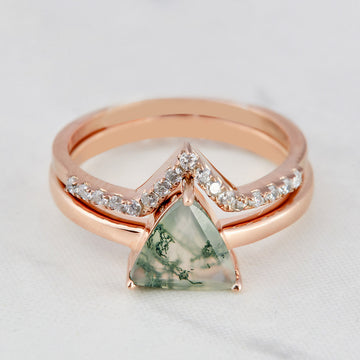 Trillion cut Moss Agate Ring Bridal Set in Rose Gold