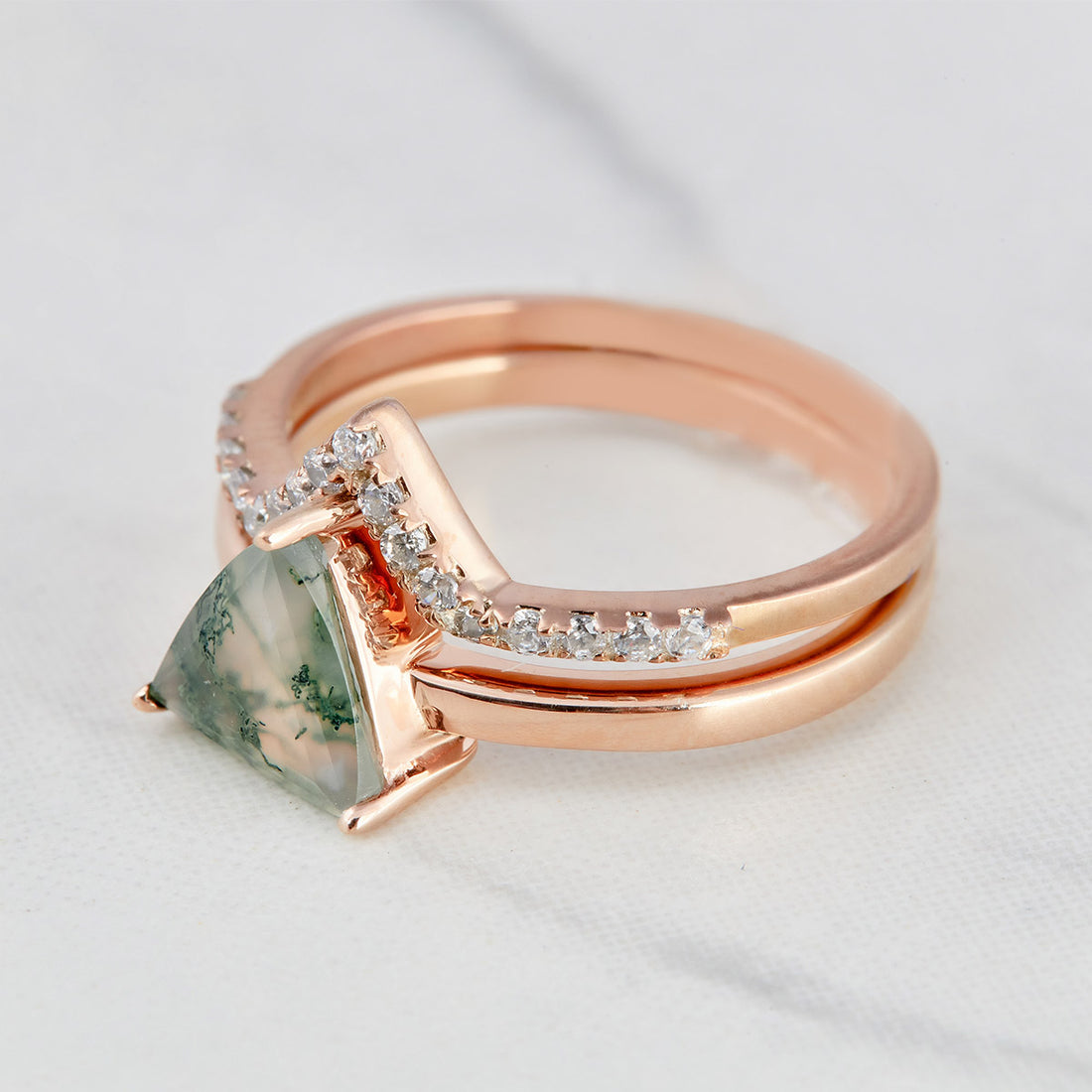 Moss Agate Engagement Ring Set Trillion Cut Solitaire Bridal Rings