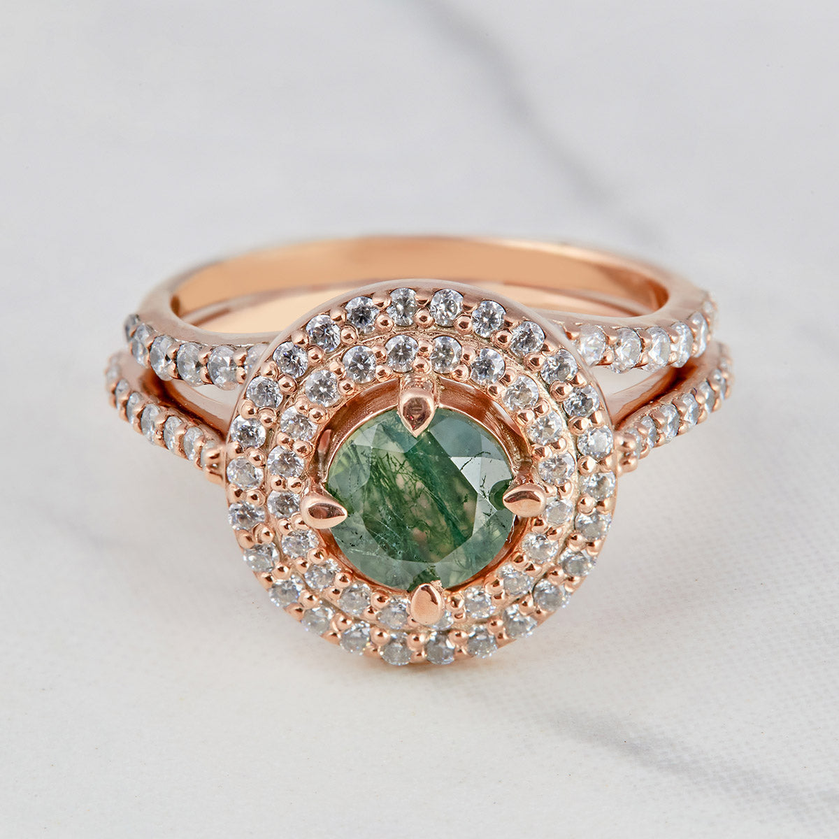 0.80CT Moss Agate Engagement Ring Set Double Halo Moissanite