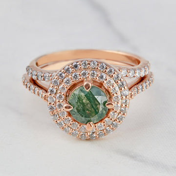 Moss Agate Ring with Double Halo of Moissanite Diamonds and Matching Stacking Wedding Band