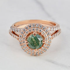 0.80CT Moss Agate Engagement Ring Set Double Halo Moissanite