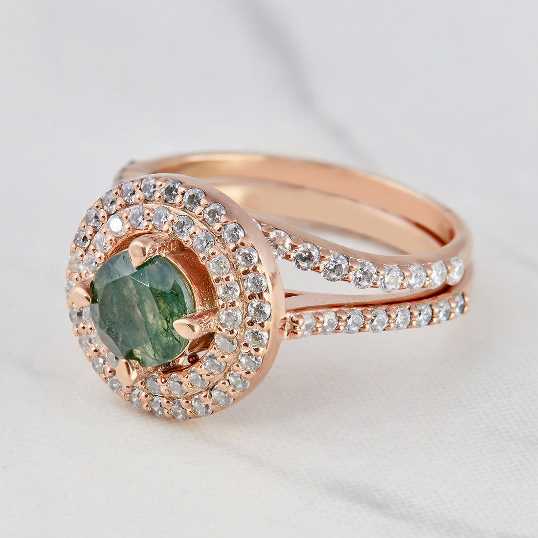 0.80CT Moss Agate Engagement Ring Set Double Halo Moissanite