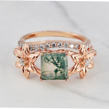 Princess Cut Moss Agate Ring Set Flower Nature Inspired Jewelry in Solid Rose Gold