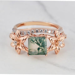 Flower Moss Agate Engagement Rings Nature Inspired Bridal Sets