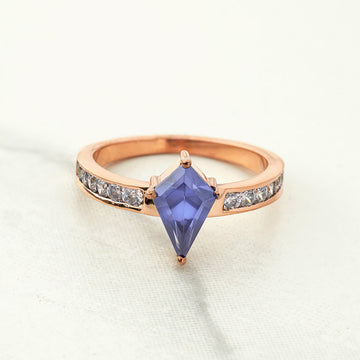 Kite Cut Blue Titanic Gemstone and Moissanite Ring Statement Engagement Rings Rose Gold