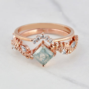 Square moss agate gemstone floral leaf vine nature inspired bridal ring set in solid rose gold