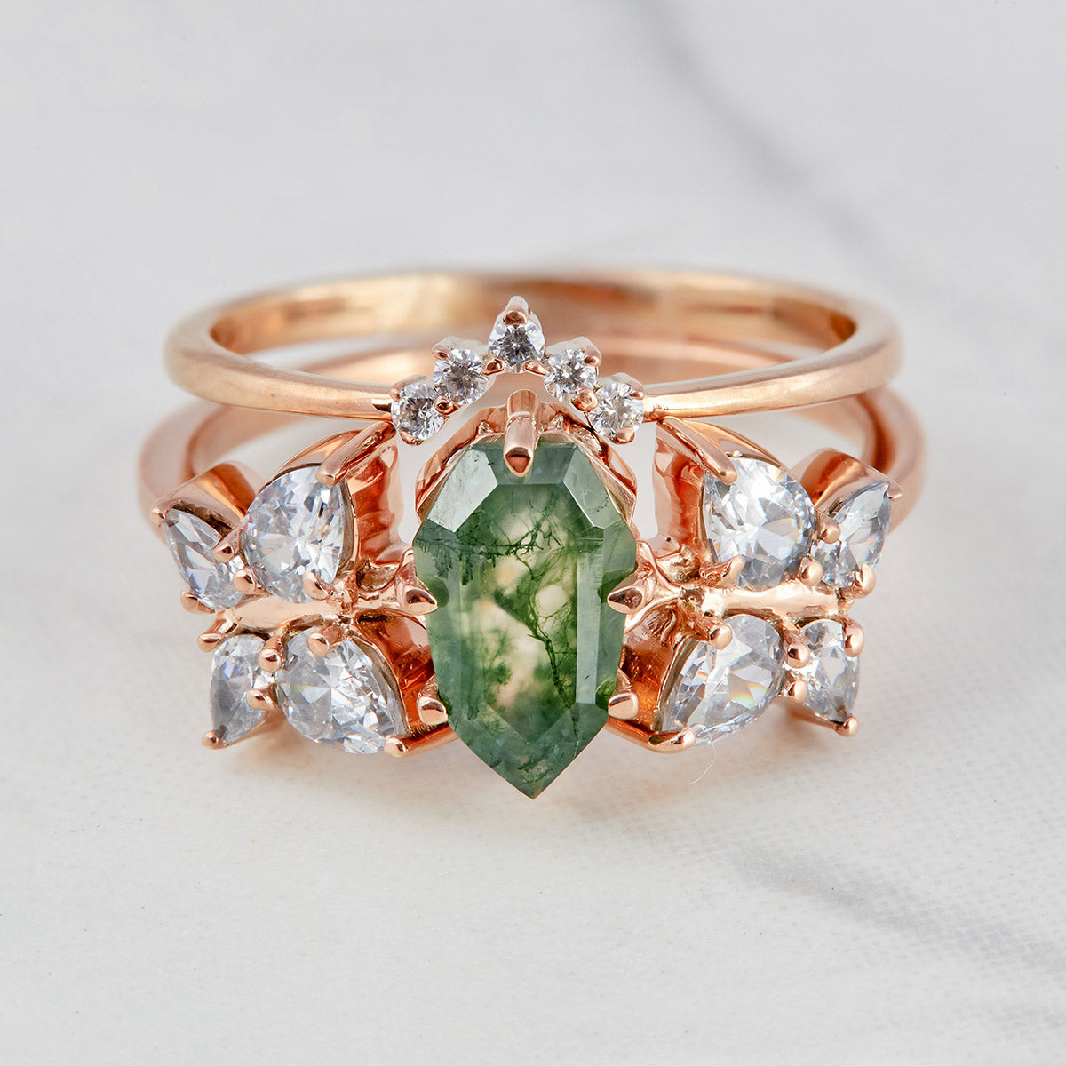 Butterfly Moss Agate Ring Set Shield Cut Engagement Ring Set