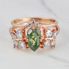 Butterfly Moss Agate Ring Set Shield Cut Engagement Ring Set