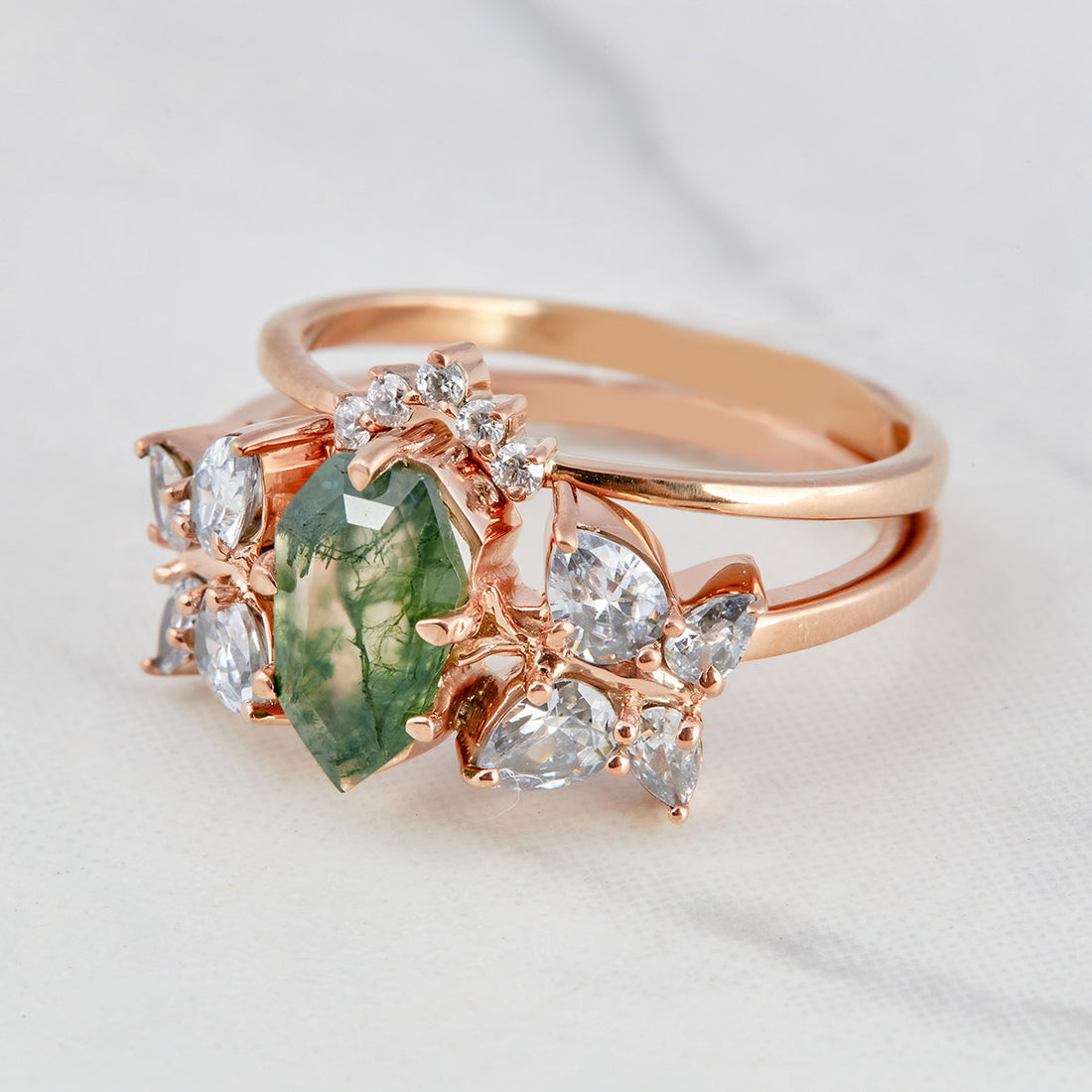 Butterfly Moss Agate Ring Set Shield Cut Engagement Ring Set