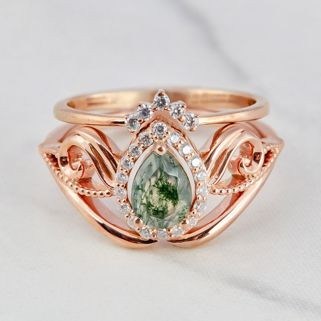 Pear Cut Moss Agate Engagement Ring Set Rose Gold Bridal Sets