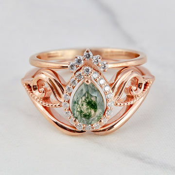 Pear Cut Moss Agate Engagement Ring Set Rose Gold Bridal Sets