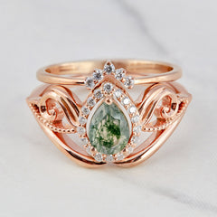 Pear Cut Moss Agate Engagement Ring Set Rose Gold Bridal Sets