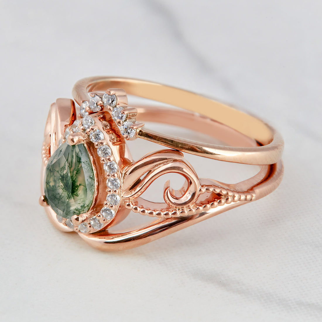 Pear Cut Moss Agate Engagement Ring Set Rose Gold Bridal Sets