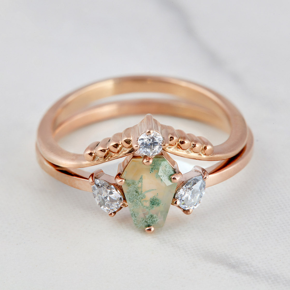 Coffin Moss Agate Engagement Ring Set