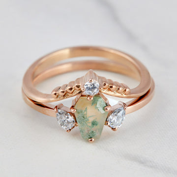 Coffin Moss Agate Engagement Ring Set