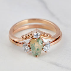 Coffin Moss Agate Engagement Ring Set Moissanite Bridal Sets