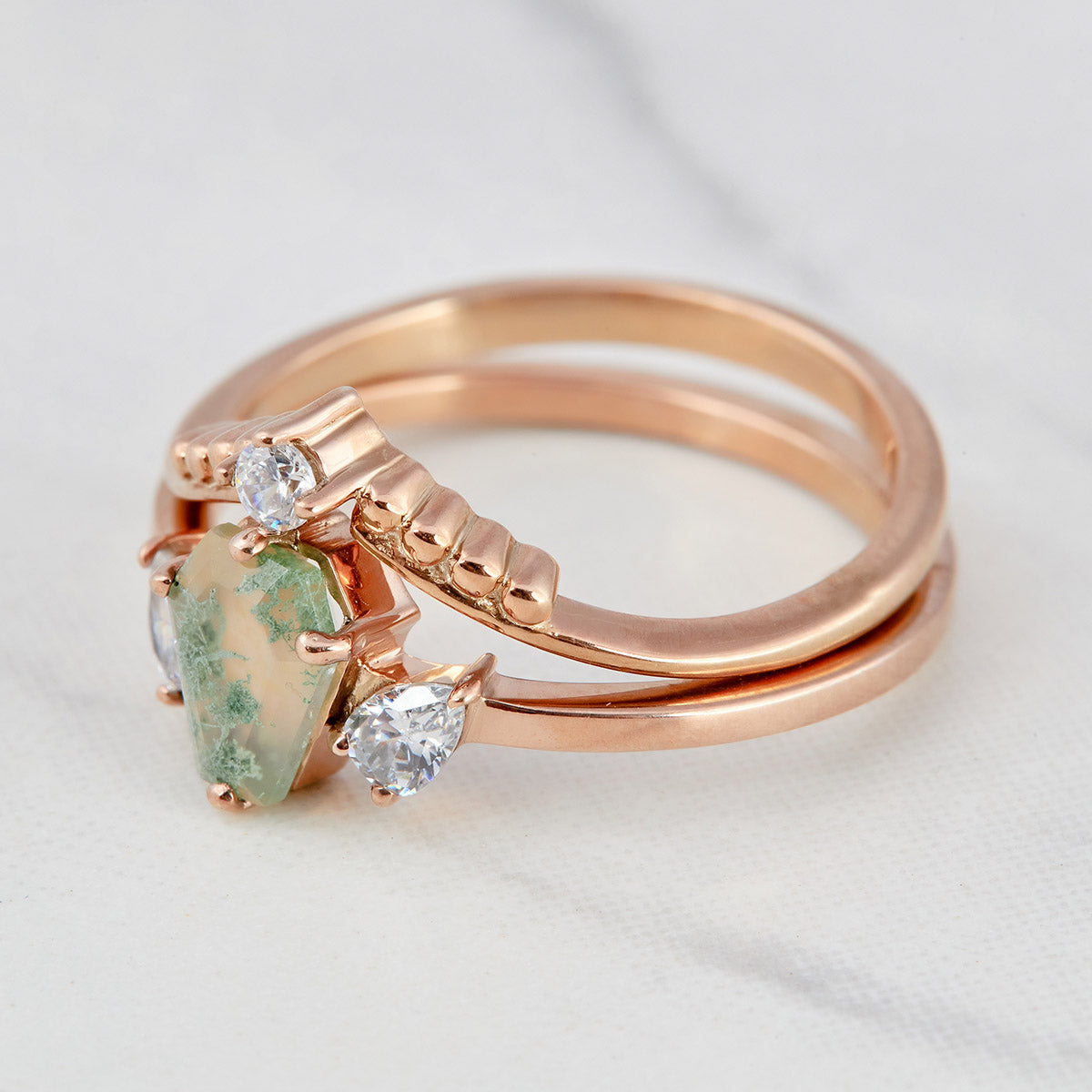 Coffin Moss Agate Engagement Ring Set