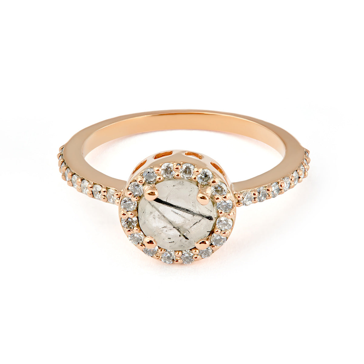 Rutilated quartz engagement ring in rose gold with a brilliant diamond border and pavé shank.