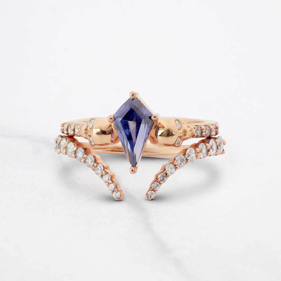Kite Cut Blue Titanic Skull Ring Set Gothic Bridal Wedding Rings