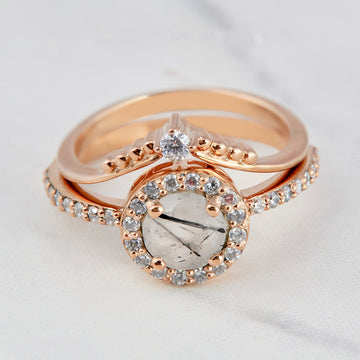 Rutilated Quartz Halo Bridal Ring Set in Rose Gold