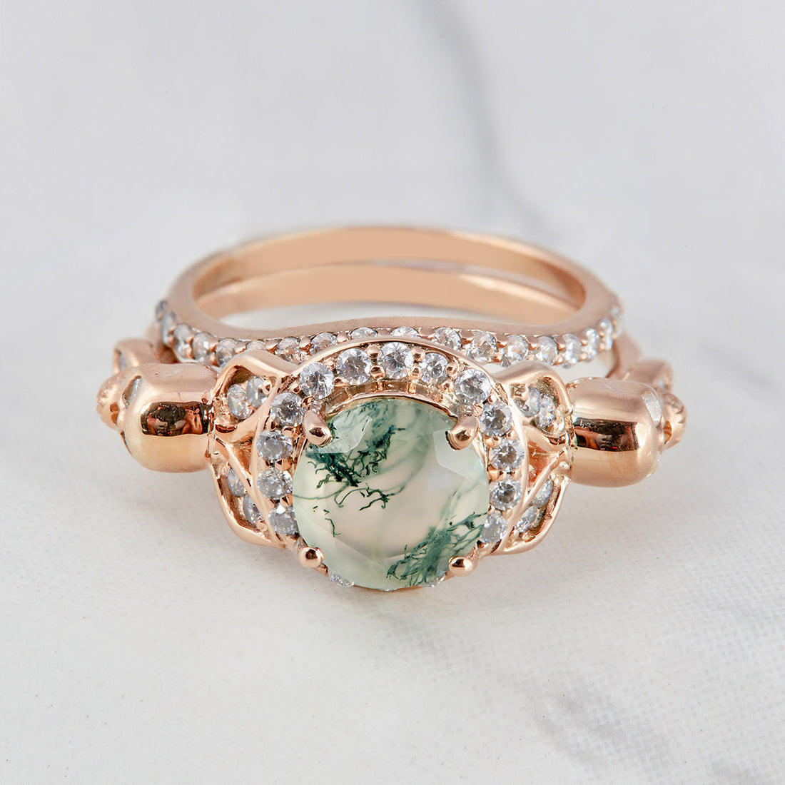 Moss Agate Skull Ring Set