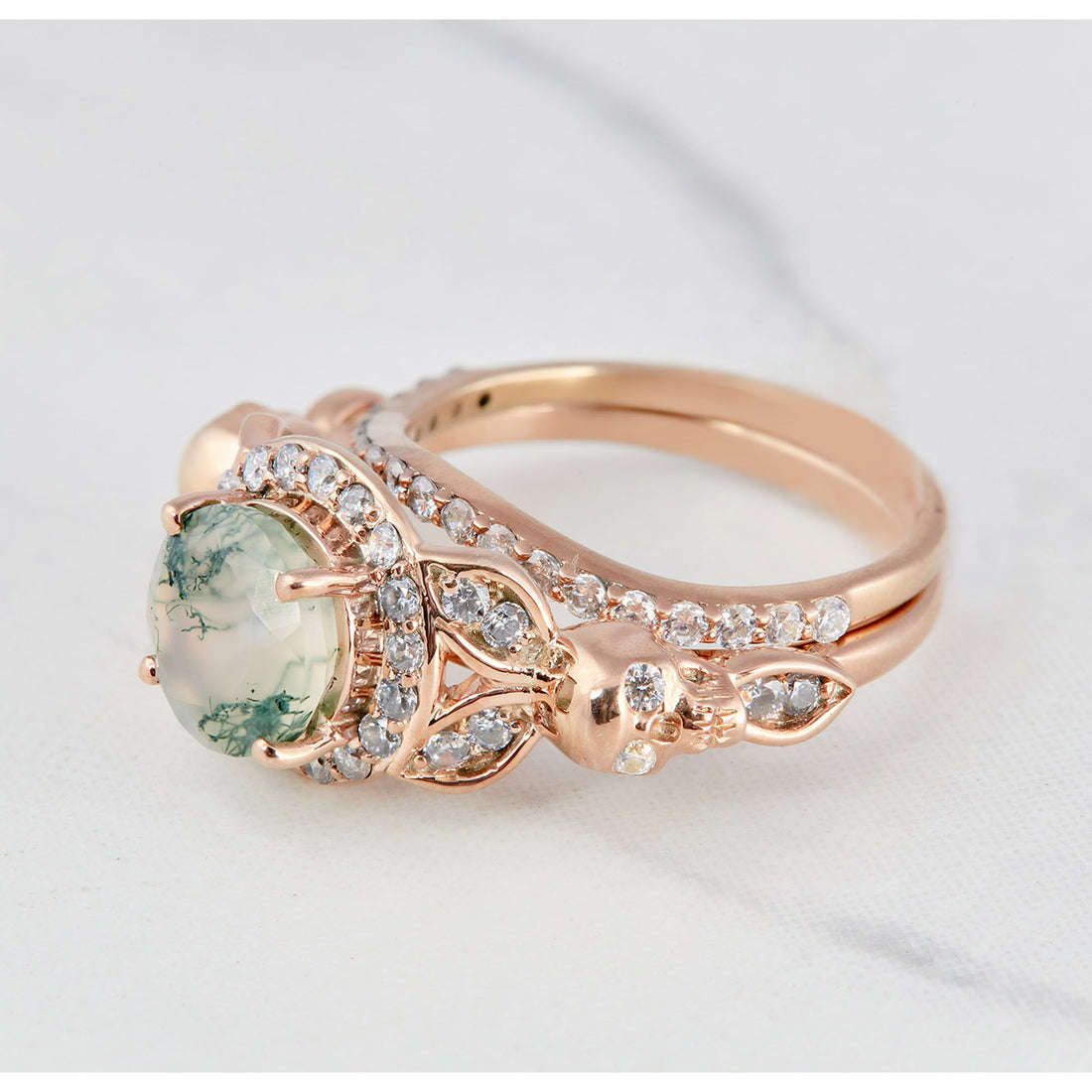 Moss Agate Skull Ring Set