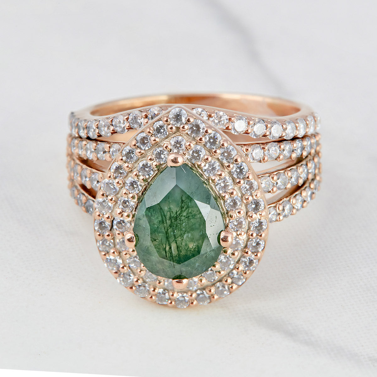 Pear Moss Agate Engagement Ring Set Double Halo Moissanite
