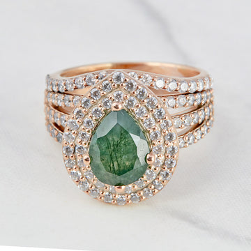 Pear cut moss agate double halo statement bridal ring set in 10k 14k rose gold