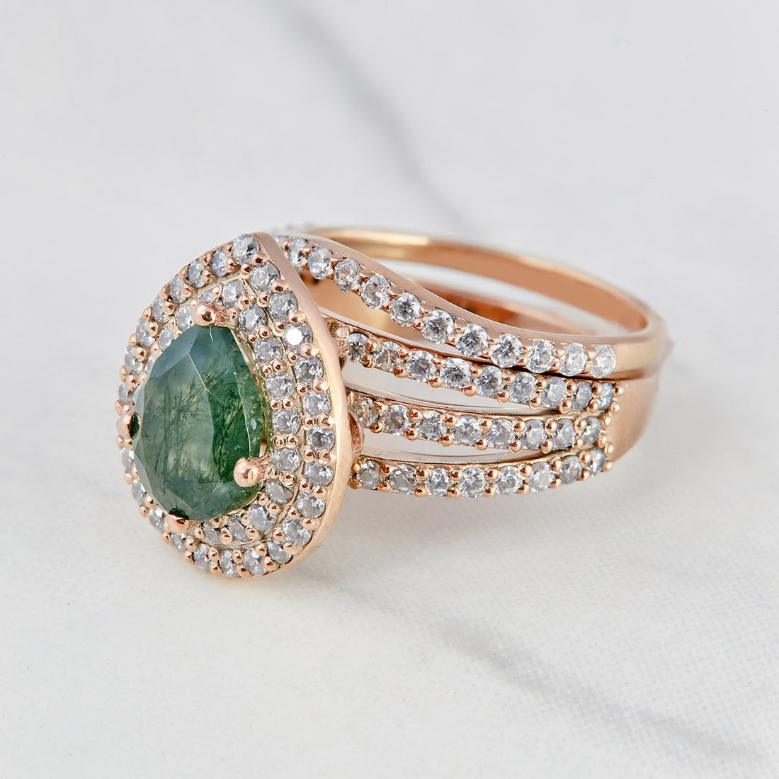 Pear Moss Agate Engagement Ring Set Double Halo Moissanite