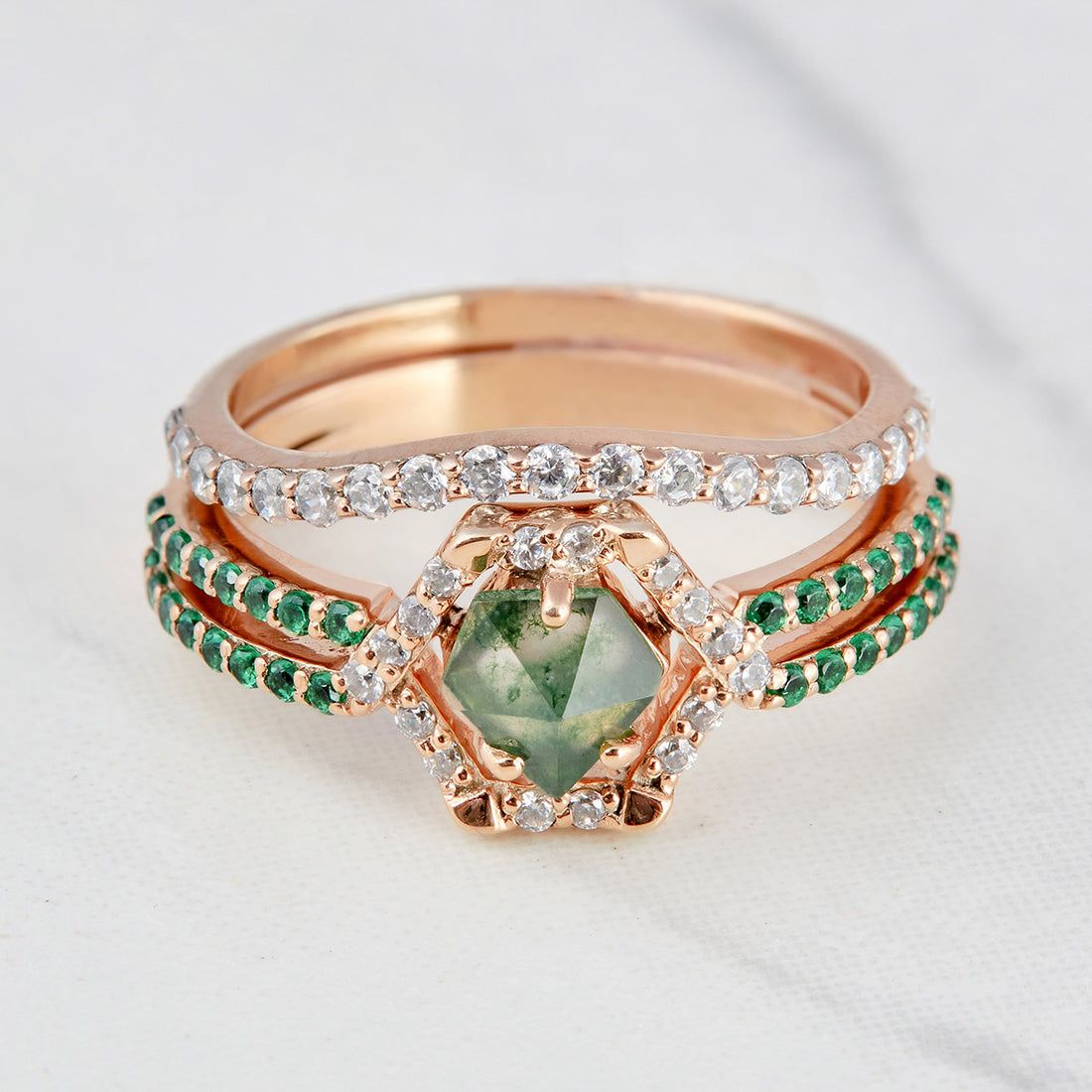 Moss Agate Wedding Ring Set