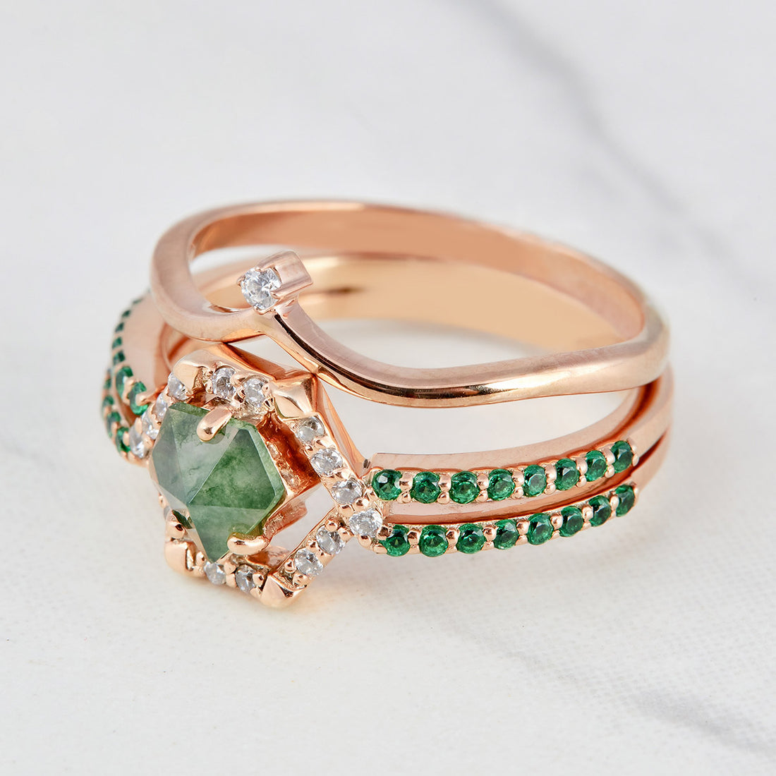 Pentagon Moss Agate Ring Set