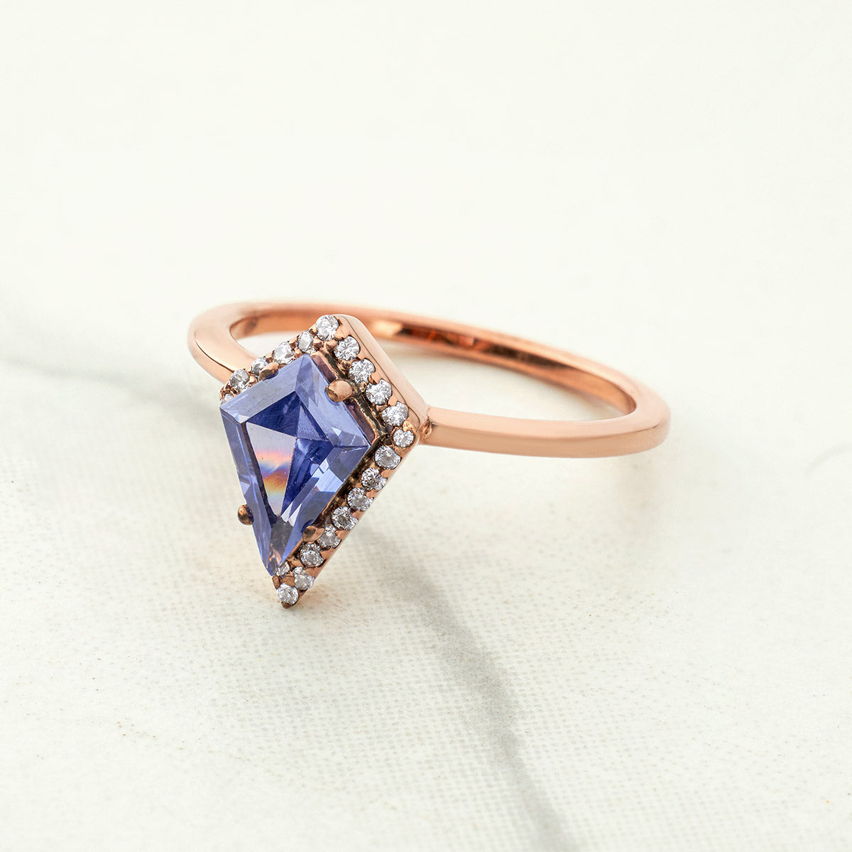 Kite Cut Halo Engagement Ring Blue Titanic Gemstone Rings Sterling Silver Rose Gold