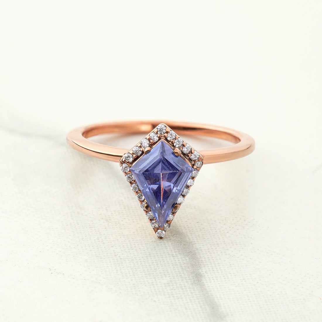 Kite Cut Halo Engagement Ring Blue Titanic Gemstone Rings Sterling Silver Rose Gold