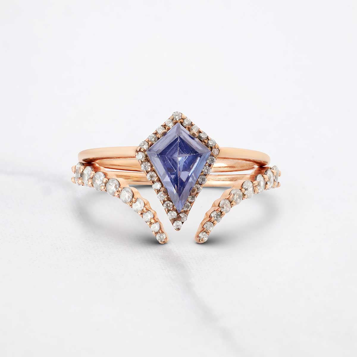 Kite Shaped Halo Engagement Ring Set Blue Titanic Gemstone