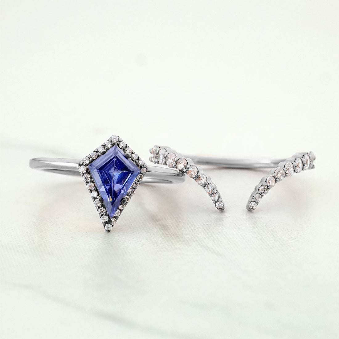 Kite Shaped Halo Engagement Ring Set Blue Titanic Gemstone