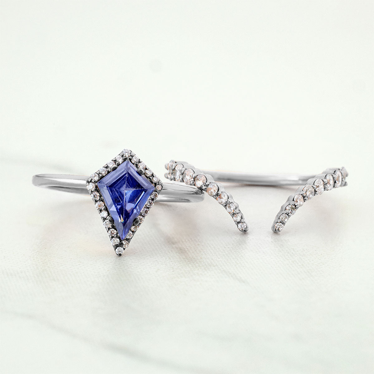Kite Shaped Halo Engagement Ring Set Blue Titanic Gemstone