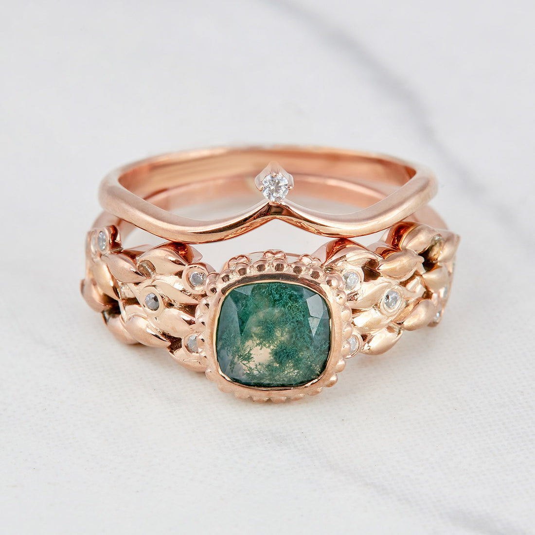 1.10CT Moss Agate Engagement Ring Set