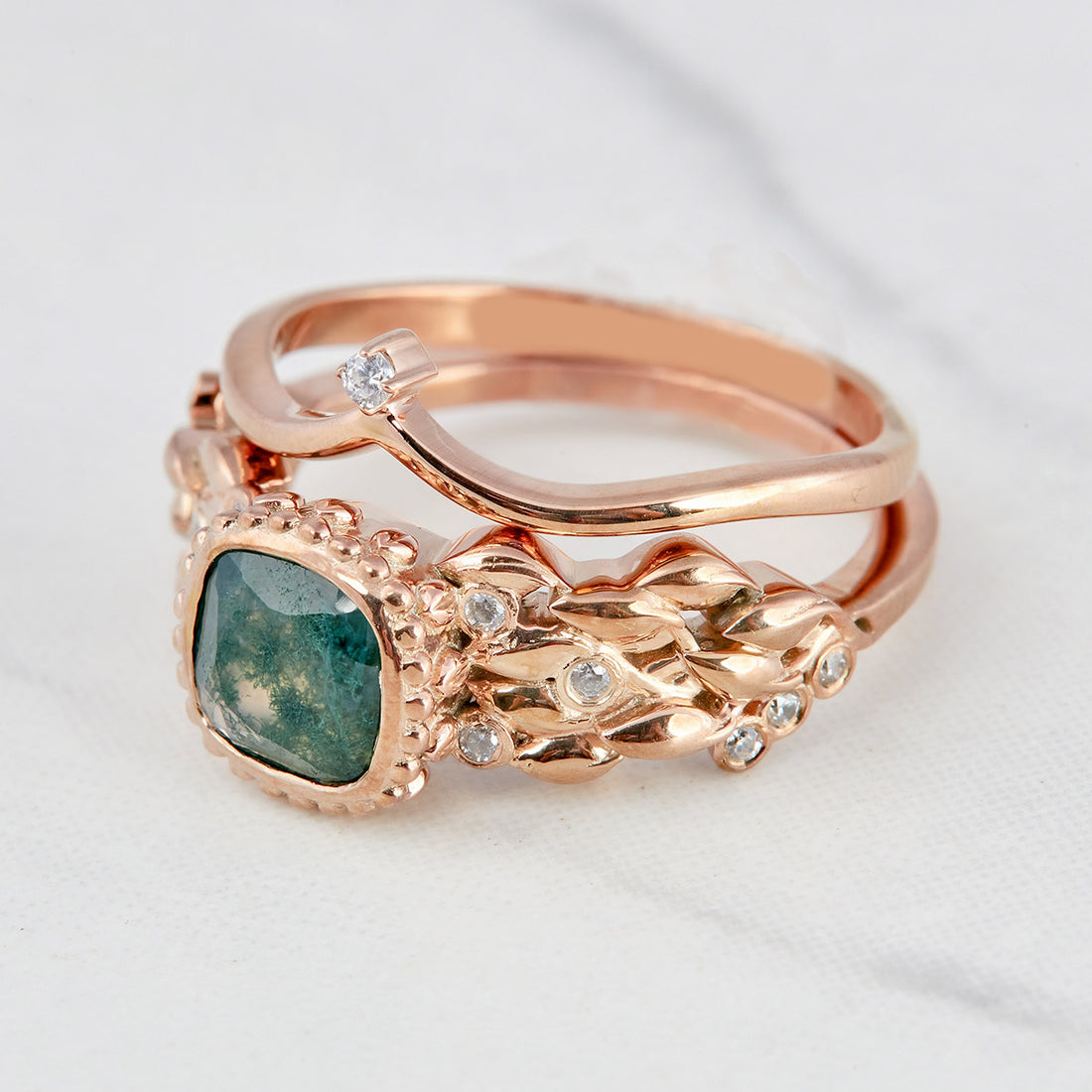 1.10CT Moss Agate Engagement Ring Set