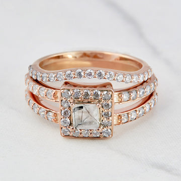 rutilated quartz halo engagement ring with matching curved stacking wedding band bridal set in rose gold