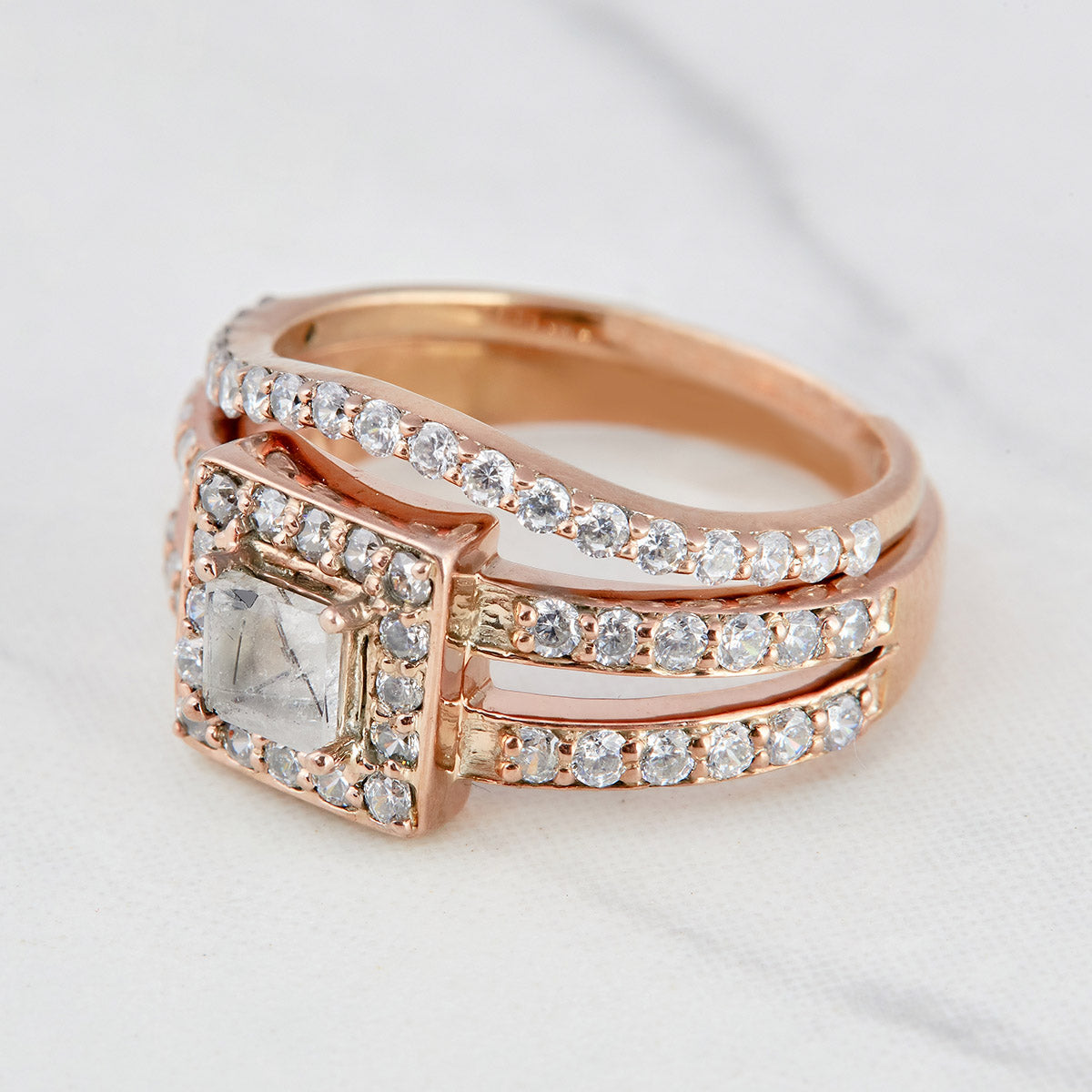 0.40CT Rutilated Quartz Engagement Ring Set Halo Moissanite