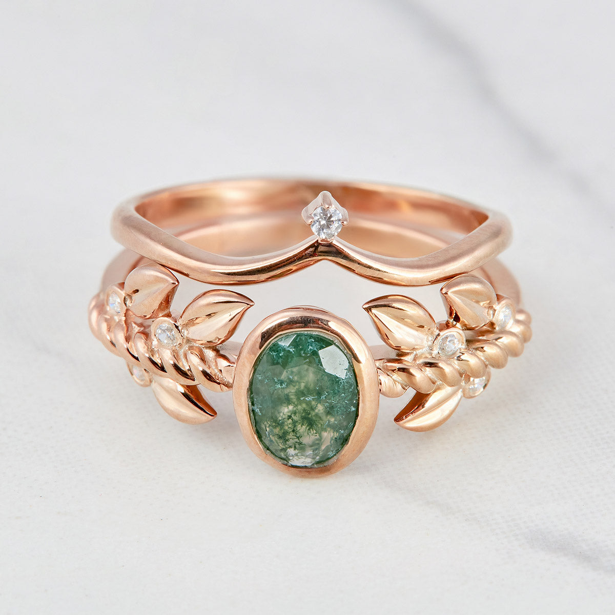 Moss Agate Leaf Engagement Ring Set Oval Floral Nature Inspired