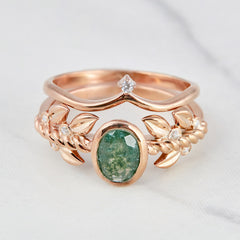 Moss Agate Leaf Engagement Ring Set Oval Floral Nature Inspired