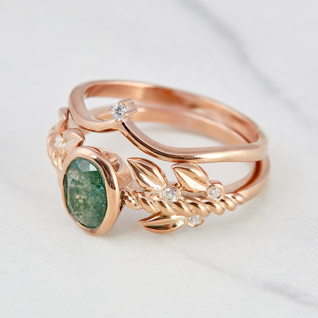 Moss Agate Leaf Engagement Ring Set Oval Floral Nature Inspired