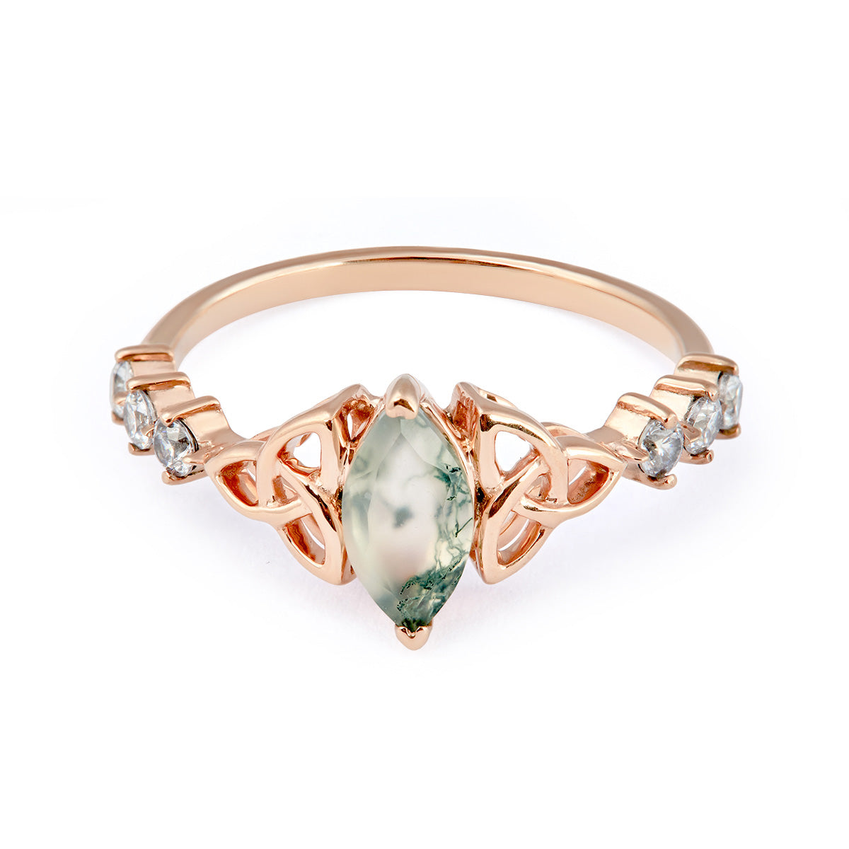 Celtic-inspired rose gold ring featuring a moss agate center and sparkling side stones.