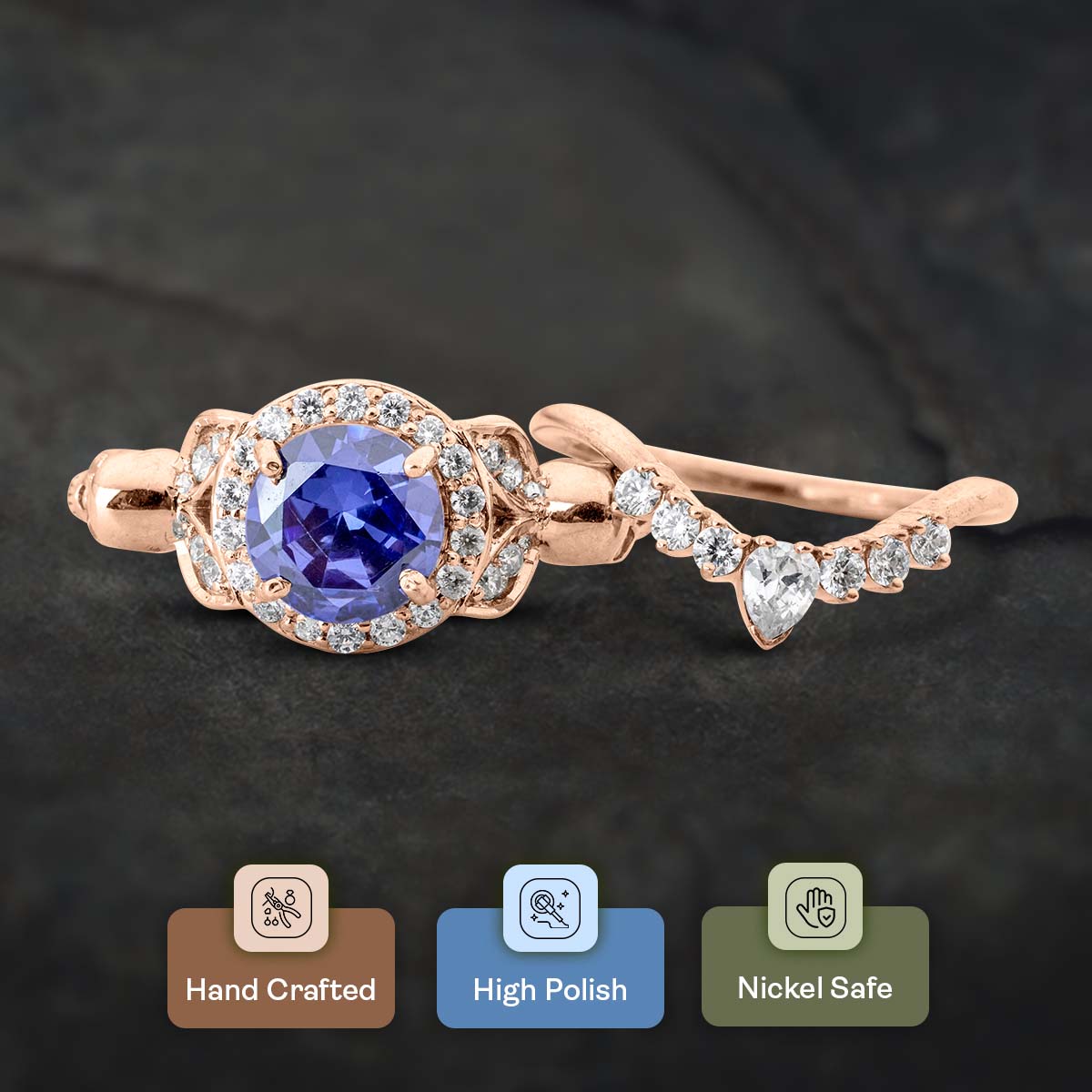 Leaf Skull Bridal Ring Set Blue Titanic Gemstone Gothic Rings