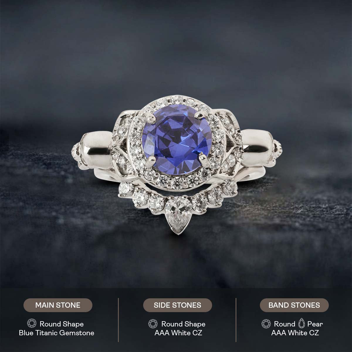 Leaf Skull Bridal Ring Set Blue Titanic Gemstone Gothic Rings