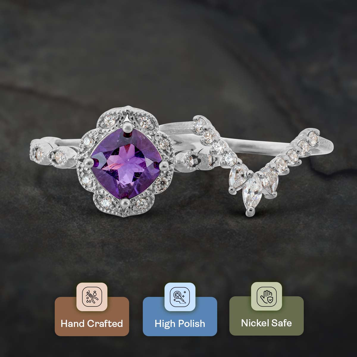 Vintage Style Bridal Ring Set Purple Amethyst Engagement Ring