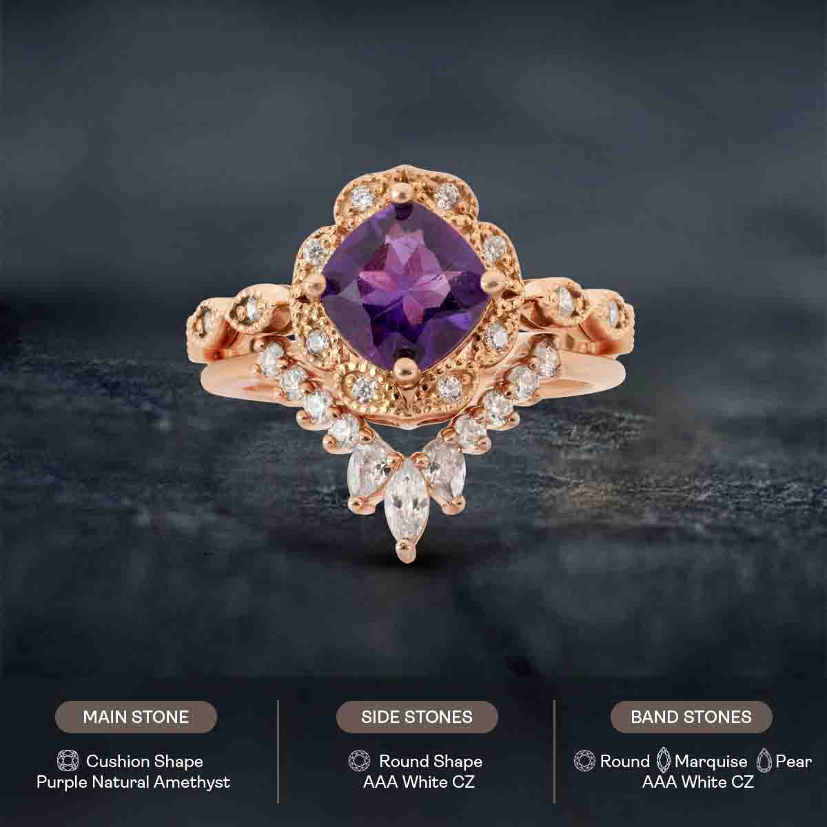 Vintage Style Bridal Ring Set Purple Amethyst Engagement Ring