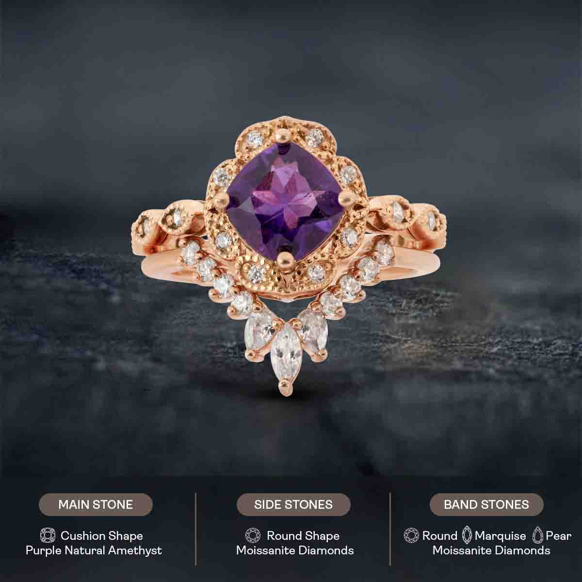 Amethyst Vintage Style Engagement Ring Art Deco Bridal Set